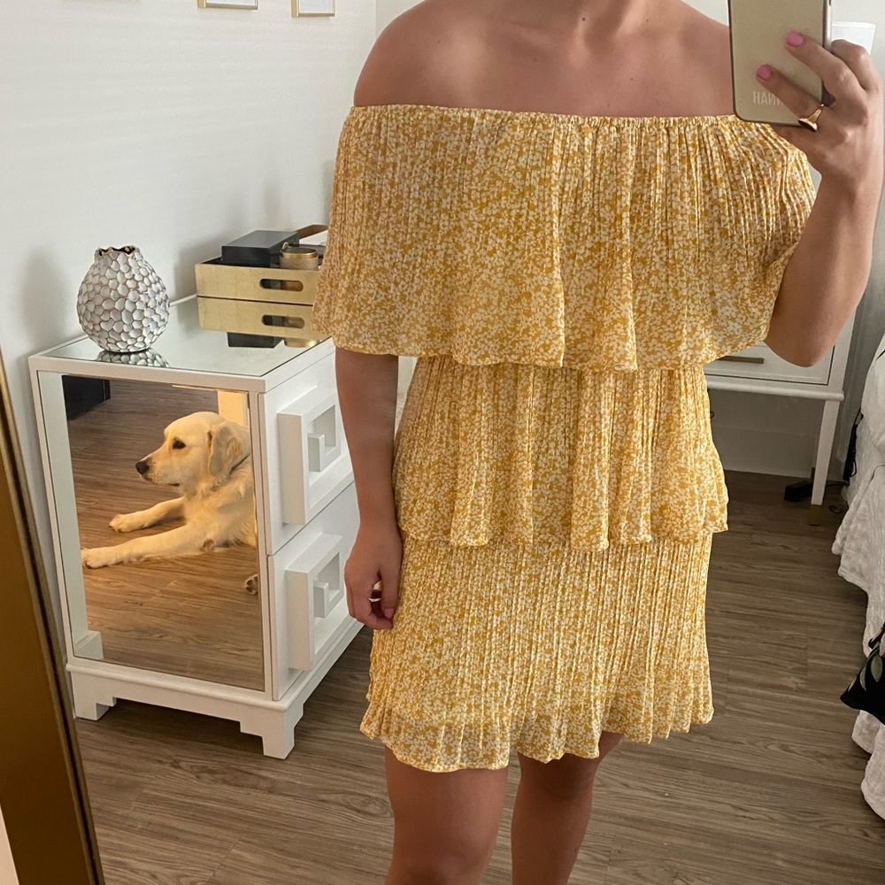 Yellow off shoulder tiered ruffle yellow floral dress